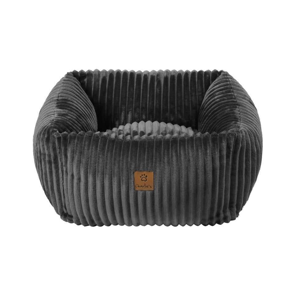 Ascher Plush Corduroy Square Pet Nest Bed - Dark Grey