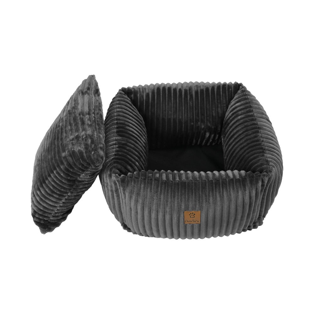 Ascher Plush Corduroy Square Pet Nest Bed - Dark Grey - Image 9